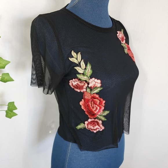 Blue Blush Black Sheer Top with Embroidered Flowers - Picture 4 of 6